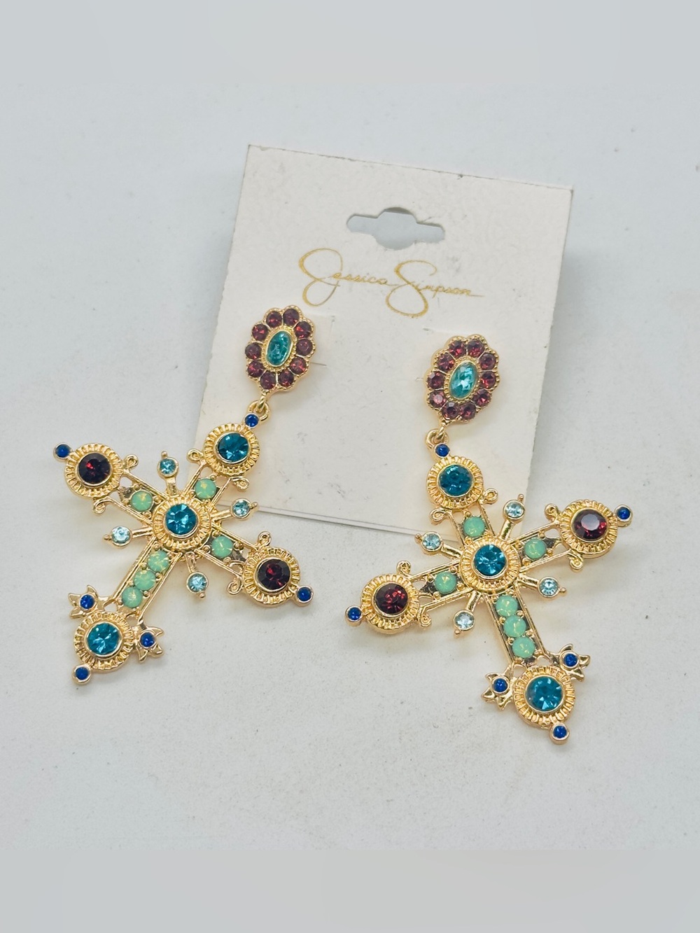 Jessica Simpson Gold Multicolor Gem Cross Drop Earrings Boho Luxe Rhinestones